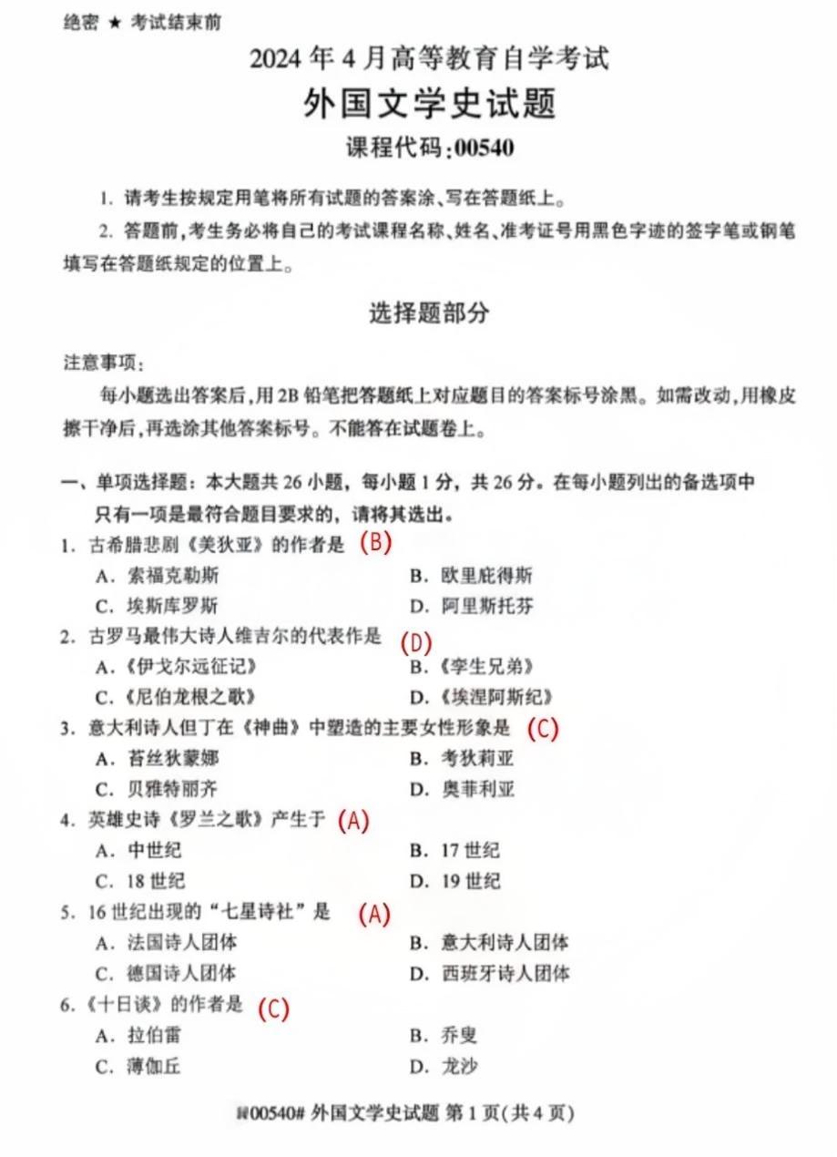 2024年4月重庆外国文学史自考真题
